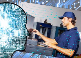 Conceptual Illustration of artificial intelligence in a truck maintenance shop