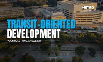 An aerial image of SMU/Mockingbird Station with text reading "Transit-Oriented Development. Your Questions, Explained."