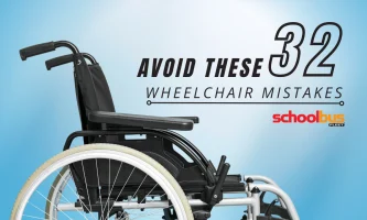 Graphic of a wheelchair with text reading “Avoid These 32 Wheelchair Mistakes” and School Bus Fleet logo on a blue gradient background