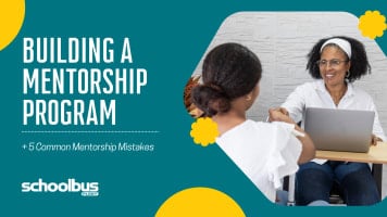 Graphic promoting “Building a Mentorship Program” with two women shaking hands across a desk, highlighting tips and common mentorship mistakes in school transportation.