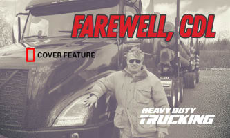 Man standing beside tractor-trailer in sepia tone with the words "Farewell CDL" superimposed on top