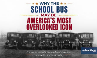 A black and white image of older school buses lined up with text reading "Why the School Bus May Be America's Most Overlooked Icon."
