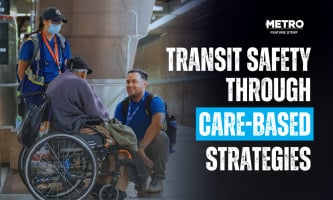 Image of two Los Angeles Metro employees speaking to a person in a wheelchair. Text reads: "Transit Safety Through Care-Based Strategies."
