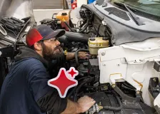 A man working on a truck engine.