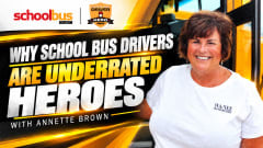 School Bus Fleet video thumbnail featuring 2026 School Bus Driver Hero Annette Brown smiling beside a yellow school bus, with the headline “Why School Bus Drivers Are Underrated Heroes” and the School Bus Driver Hero Award logo.
