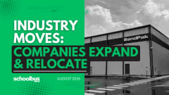 A green and white graphic with a black and white image of a new Bendpak facility with text reading "Industry Moves: Companies Expand & Relocate."