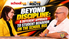 School Bus Fleet’s The Route video thumbnail featuring host Amanda Huggett and guest Sam Freshner, with the headline “Beyond Discipline: A Different Approach to Student Behavior on the School Bus.” Sponsored by IC Bus.