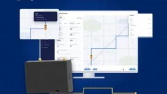 BusRight telematics graphic showing a GPS tracking device alongside a digital fleet management dashboard with school bus routes, vehicle information, and a map.