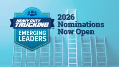 Illustration showing ladders against a blue background with Heavy Duty Trucking Emerging Leaders logo and the words "2026 nominations now open"