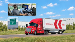 Kodiak tractor-trailer on highway with insets of a weigh station sign and inside of a weigh station control room