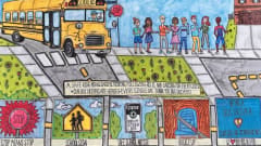 Student-created poster titled “Safe Rides, Everyday Heroes” shows a yellow school bus at a crosswalk, students waiting nearby, and school bus safety reminders about stopping, school zones, safe pickup and drop-off, and buckling up.