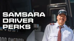 A professional driver stands in front of a bus beside text reading “Samsara Driver Perks.”