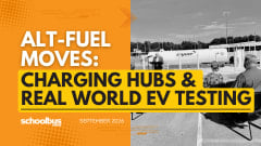 An orange and yellow graphic with a black and white image of a propane deployment event with text reading "Charging Hubs & Real World EV Testing."