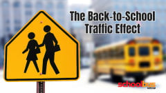 Graphic showing a yellow school crossing sign and blurred school bus with the headline, “The Back-to-School Traffic Effect.”
