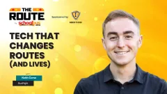 Promotional graphic for “The Route” by School Bus Fleet featuring BusRight CEO Keith Corso smiling against a bright yellow background. Large text reads “Tech That Changes Routes (and Lives).” The graphic includes “Sponsored by IC Bus” branding and identifies Corso as a guest from BusRight.