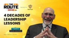 Promotional graphic for The Route podcast by School Bus Fleet. On a bright yellow background with light circular accents, large text reads "4 Decades of Leadership Lessons." Featured guest Craig Beaver of Beaverton School District is shown smiling in a suit and tie on the right side of the image. The School Bus Fleet logo and The Route branding appear at the top left, with sponsorship by IC Bus displayed near the top center.