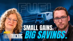 Youtube thumbnail showing two people with a truck and the word "fuel" behind them, the HDT Talks Trucking logo, and the words "Small Gains. Big Savings."