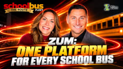 YouTube thumbnail featuring Zum representatives Stephanie Wilcoxson and Jerry Ortega against a school bus background, with the headline “Zum: One Platform for Every School Bus” and School Bus Fleet’s The Route logo.