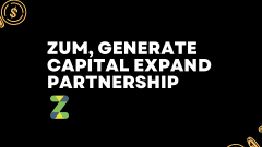 Black graphic with the headline “Zum, Generate Capital Expand Partnership,” the colorful Zum logo, and gold coin illustrations representing financing.
