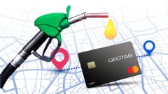 Illustration of map with GPS markers overlaid with Geotab fleet card and a fuel pump nozzle