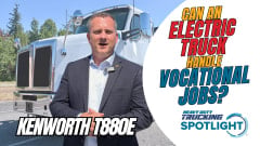 YouTube thumbnail showing Kenworth T880e electric truck and KW marketing director Kyle Kimball.