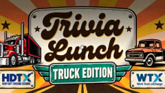 Graphic art with a heavy-duty tractor trailer and a work truck with the words "trivia lunch"