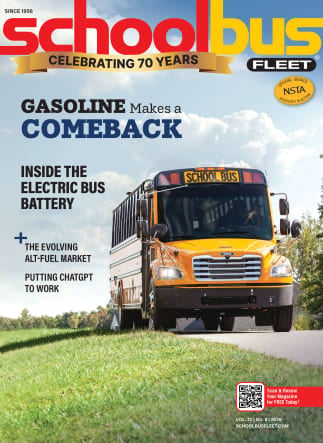 School Bus Fleet 2026 magazine cover celebrating 70 years, featuring a yellow school bus and stories on gasoline’s comeback, electric bus batteries, alt fuels, and ChatGPT.