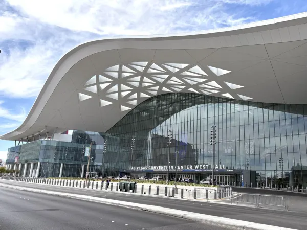 Convention hall entrance with swooping overhang roof