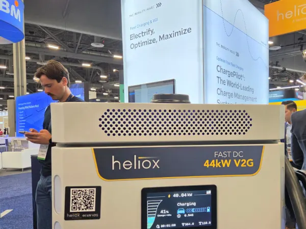 Heliox's fast DC vehicle-to-grid charging technology and fleet charging management solutions at the Mobility House booth ACT Expo 2026.