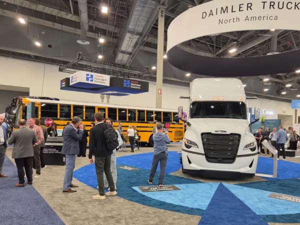 The Thomas Built Bus at Daimler Truck booth at ACT Expo