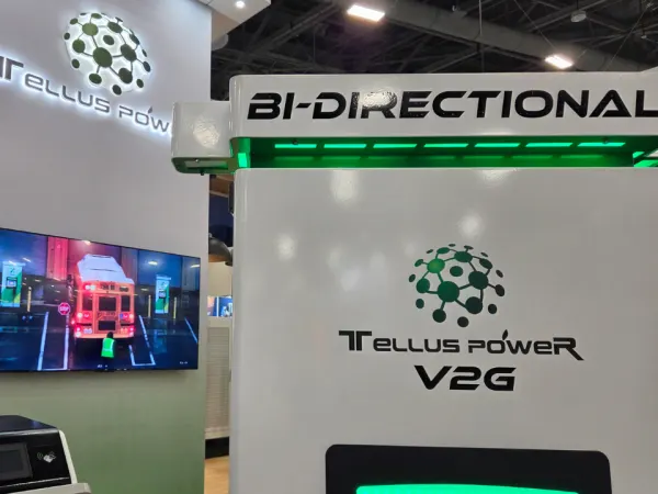 Tellus Power displays its bi-directional V2G charging technology for electric school buses at ACT Expo 2026.