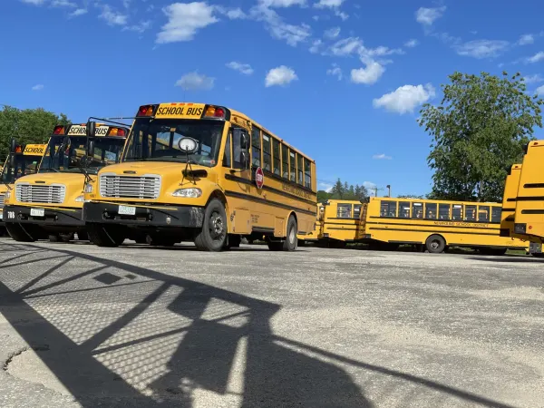 Several yellow Newfound School District buses are parked in a transportation lot under a bright blue sky with scattered clouds. The low-angle view highlights the fleet lined up and ready for daily student transportation.