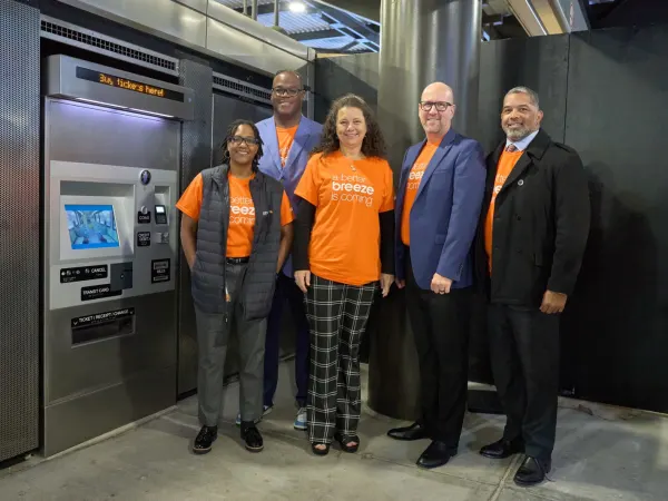 MARTA and INIT leadership gather to celebrate groundbreaking of new better Breeze fare payment system at Lindbergh Center Station. (L to R) MARTA Deputy General Manager Rhonda Allen, MARTA Interim General Manager and CEO Jonathan Hunt, MARTA Board of Directors Chair Jennifer Ide, INIT CEO Carl Commons, MARTA Chief of Staff Steven Parker.
