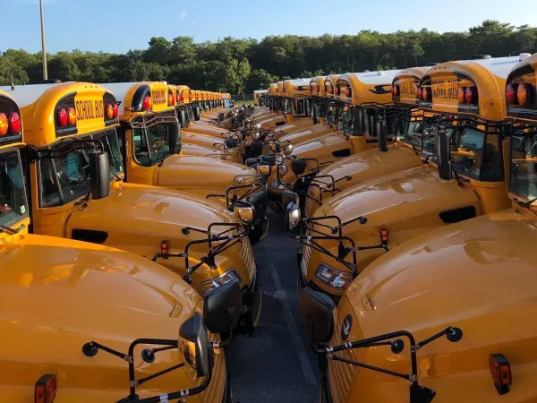 Rows of yellow school buses are parked bumper to bumper in a transportation yard beneath a clear blue sky. The symmetrical view highlights dozens of buses lined up for service before the start of the school day.