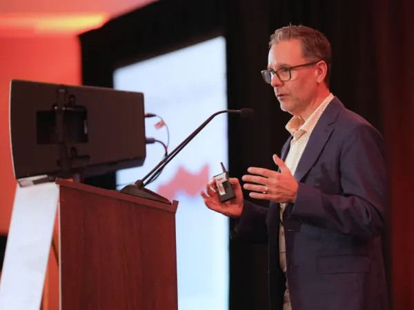 Thomas Built Buses Mario DiFoggio presents an update on the company’s activities and market analysis at the 2026 School Bus Fleet ConneX.