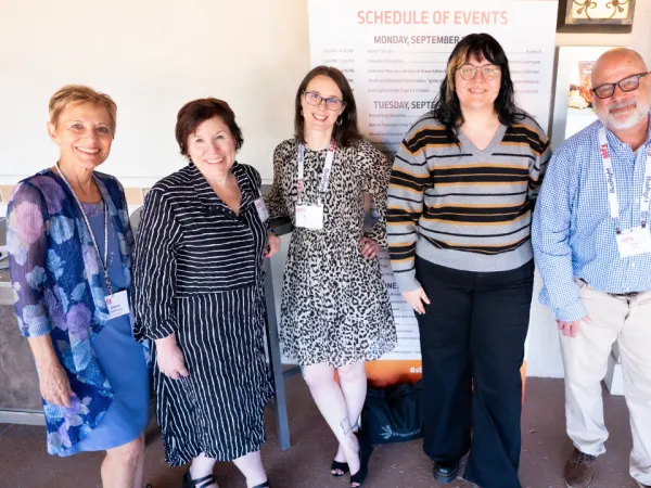 Bobit Business Media staff members Sherry Delvecchio, Gretchen Bliss, Amanda Huggett, Elora Haynes, and Butch Worley pose together at School Bus Fleet ConneX.