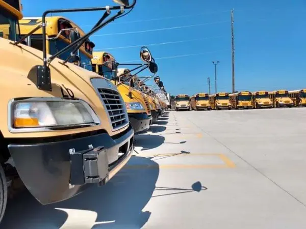 A row of yellow school buses is parked in a transportation lot under a clear blue sky. The low-angle perspective highlights the buses' front ends, crossing arms, and mirrors, with additional buses lined up in the background.