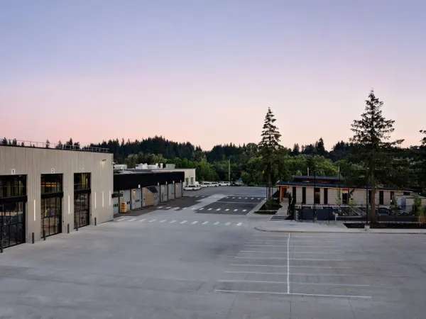 Exterior image of C-TRAN's campus expansion bus maintenance facility and lot.