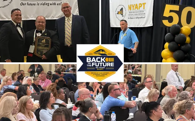 Collage highlighting NYAPT's 50th anniversary conference, featuring awards presentations, NYAPT President Marc Medina speaking, packed educational sessions, and the event's "Back to the Future" theme celebrating 50 years of pupil transportation leadership.