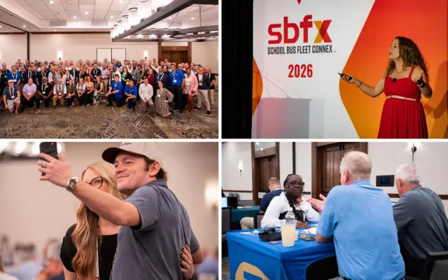 Collage from the 2026 School Bus Fleet Connex event showing attendees posing for a group photo, a presenter speaking onstage, two attendees taking a selfie, and participants meeting one-on-one.