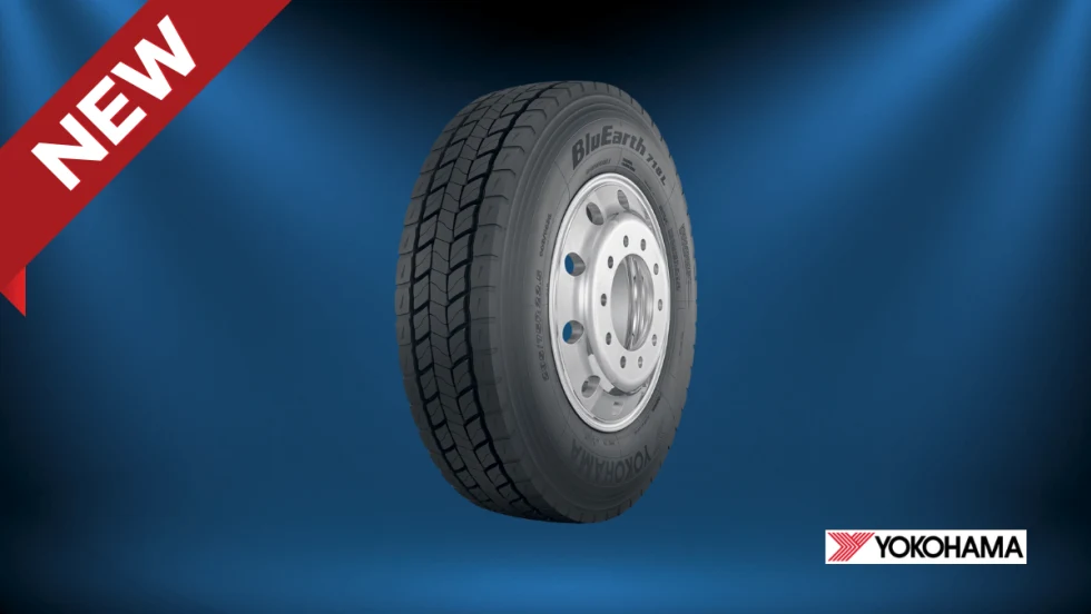 A Yokohama BluEarth 718L truck tire displayed against a blue background with a red “NEW” banner in the corner and the Yokohama logo in the bottom right.