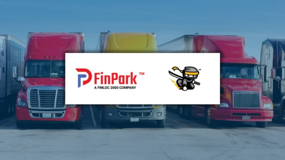 Logos of FinPark and Freight Ninja displayed over a background of parked semi-trucks, representing their partnership to expand secure truck parking solutions nationwide.