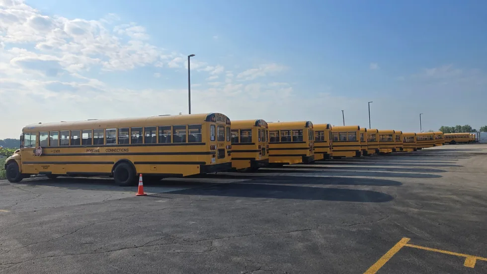 Row of yellow International CE Series electric school buses parked in a lot in Bloom Township, Illinois, ready for deployment. One bus is marked “EV01” with an orange cone nearby.