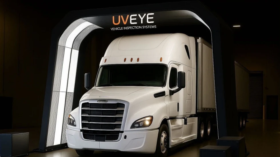 Photo of Freightliner truck driving through a futuristic-looking UVeye scanner