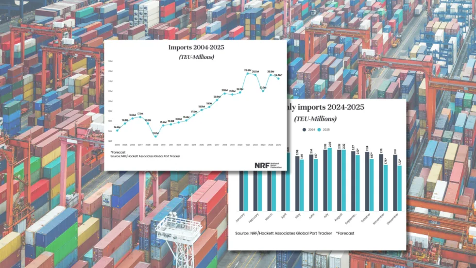 Illustration of cargo containers and graphs showing import trends