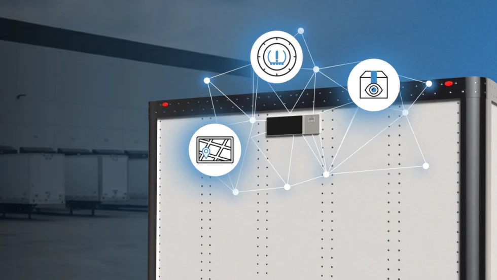 Close-up of a trailer equipped with Phillips Connect SolarNet 8000 Series showing connected icons for GPS tracking, cargo monitoring, and tire pressure data.