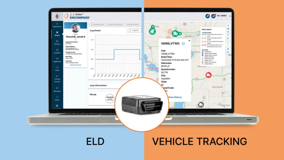 J.J. Keller Encompass dashboard showing ELD logs and vehicle tracking map with VT100 telematics device.