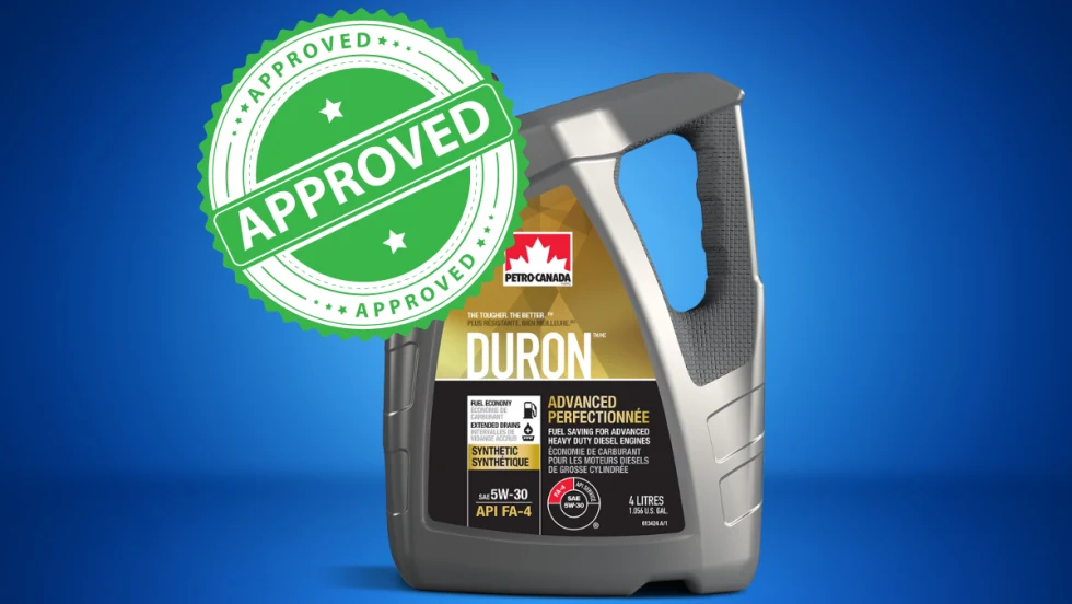 Image of a Petro-Canada Lubricants Duron Advanced 5W-30 container with an “Approved” stamp, highlighting its new Volvo and Mack engine approvals.