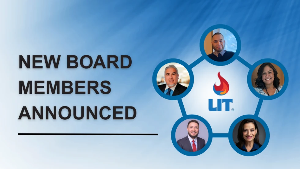 Graphic announcing new Latinos In Transit board members, featuring five headshots arranged around the LIT logo on a blue background with the text “New Board Members Announced.”