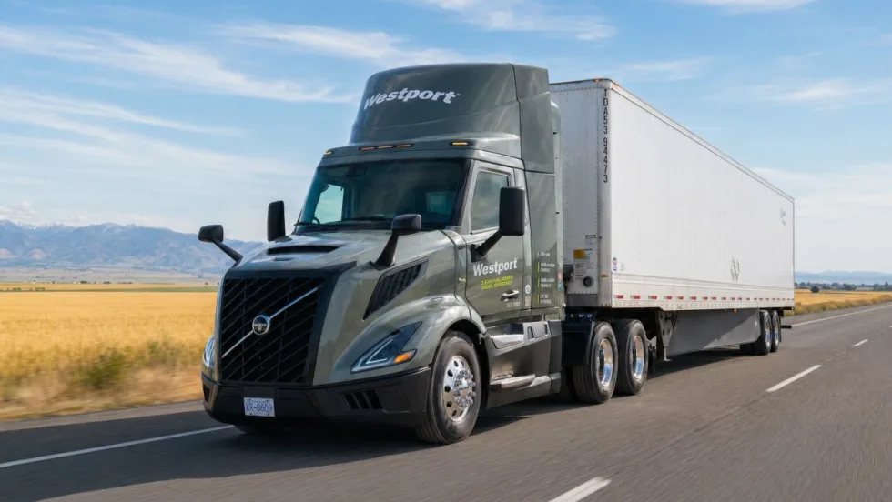 Gray Volvo tractor pulling trailer on open highway